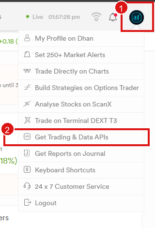 Profile menu — click Get Trading &amp; Data APIs