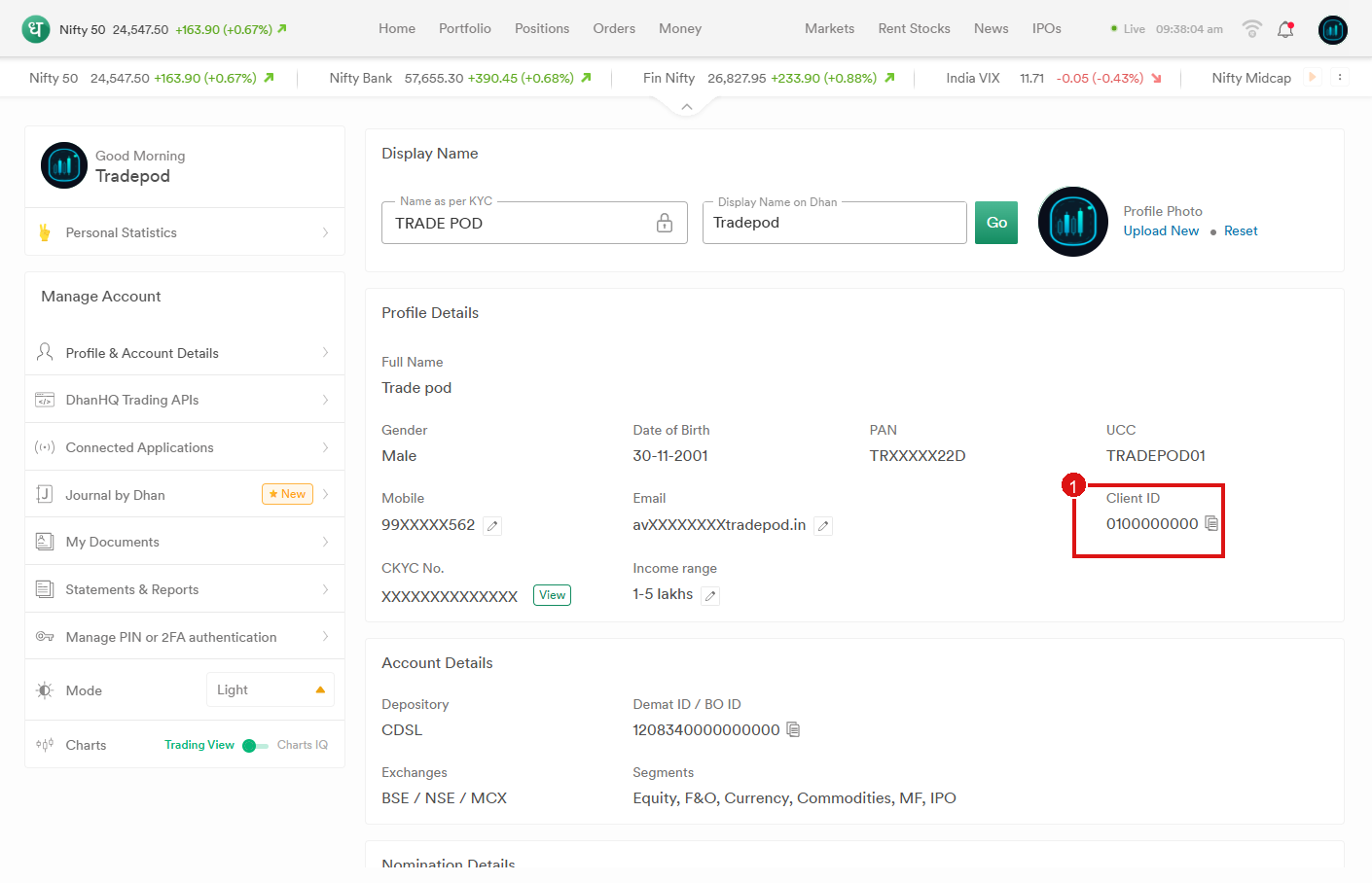 Dhan Profile & Account Details — Client ID / UCC