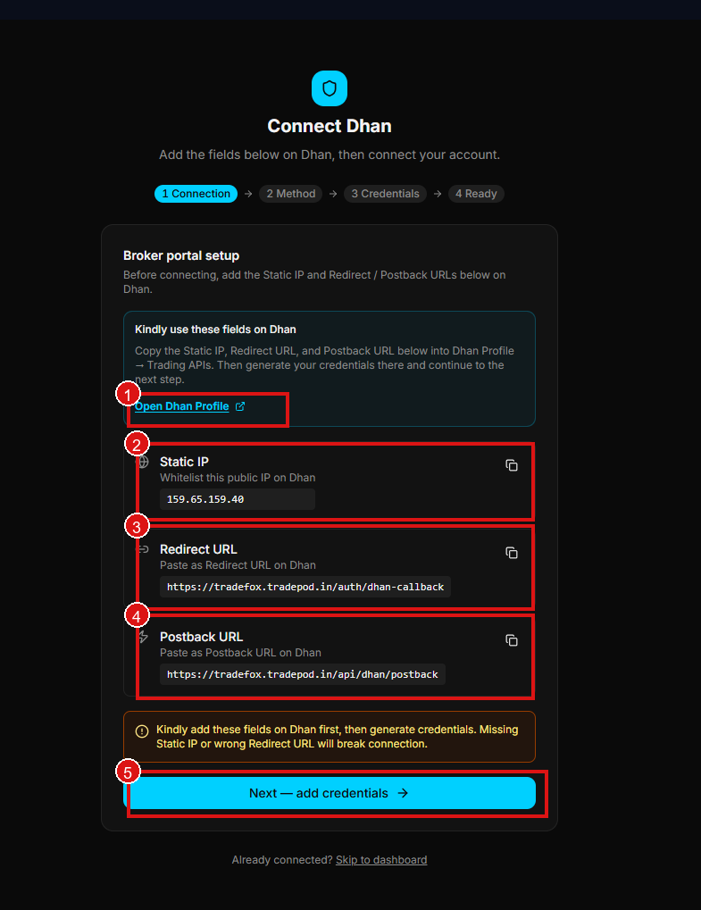 Connect Dhan wizard — connection details