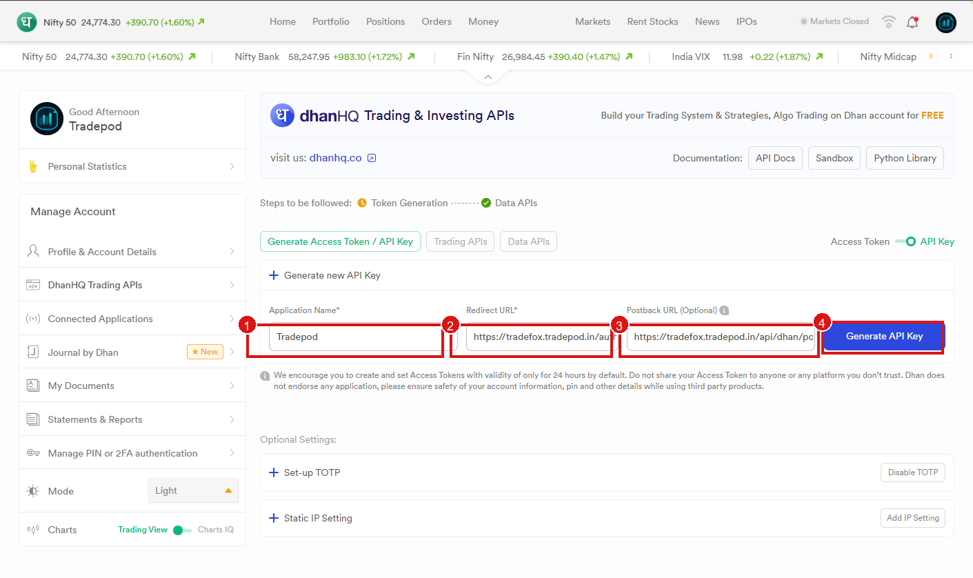 API Key form on Dhan