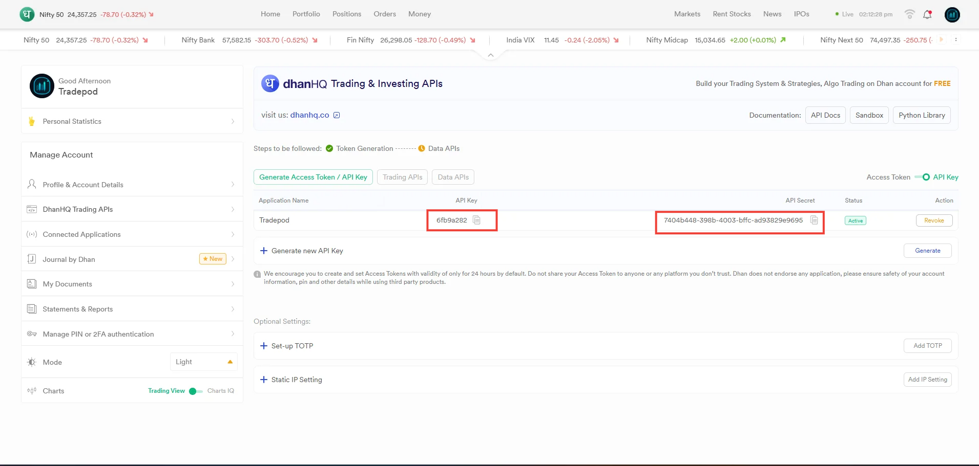 After Generate — copy API Key and API Secret