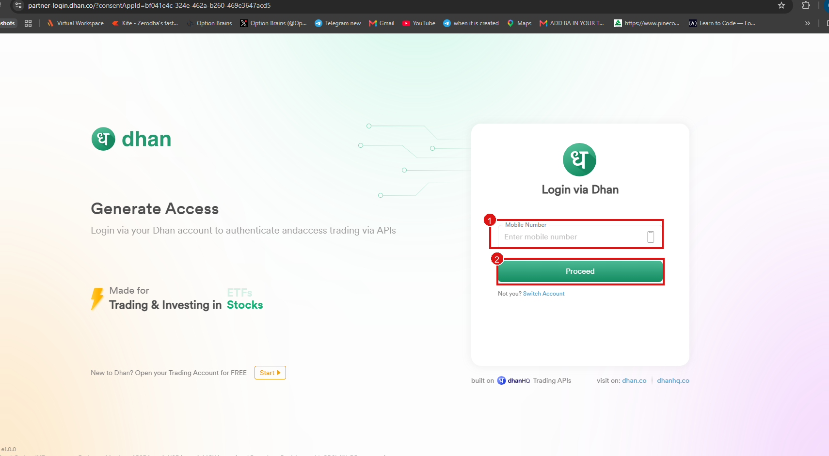 Dhan login page